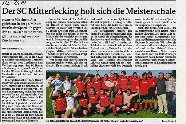 1. Mannschaft des SC Mitterfecking holte erstmals nach 43 Jahren die Meisterschaft